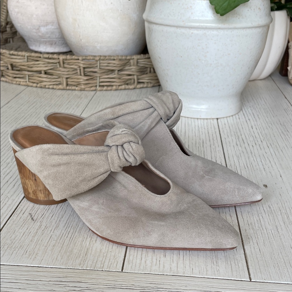 Bernardo Cream Suede Mules with Knot Accent